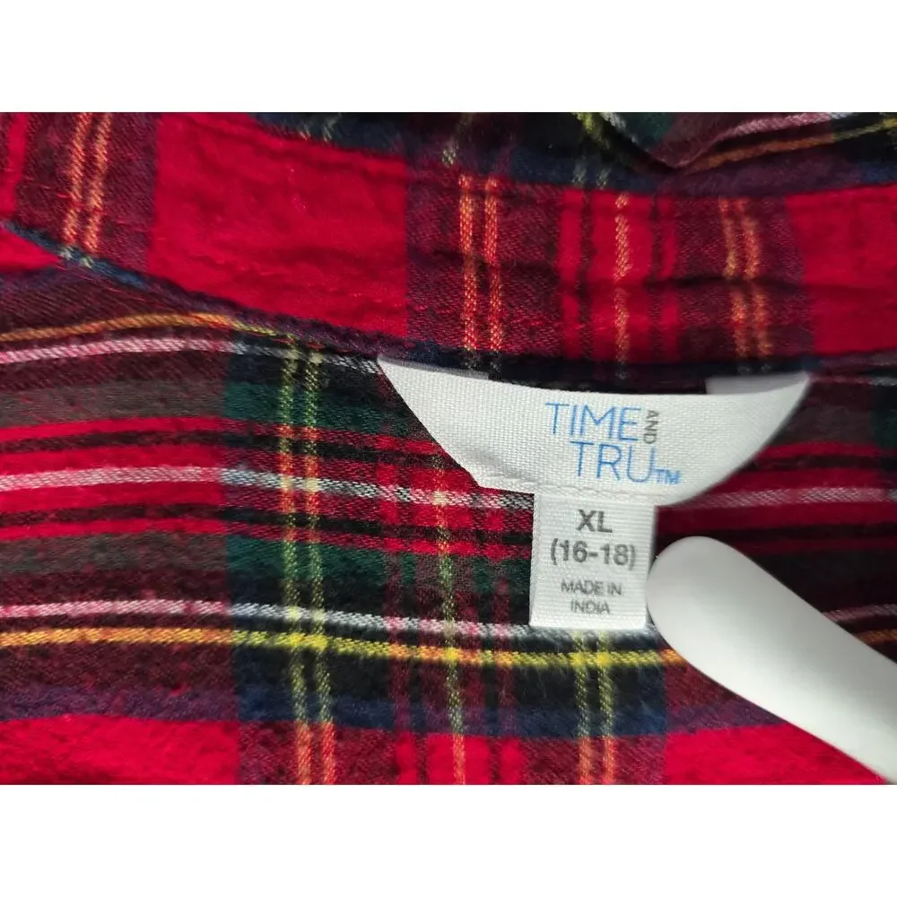 Time and Tru Red Plaid Flannel Shirt XL Cotton Button Front Tartan Fall